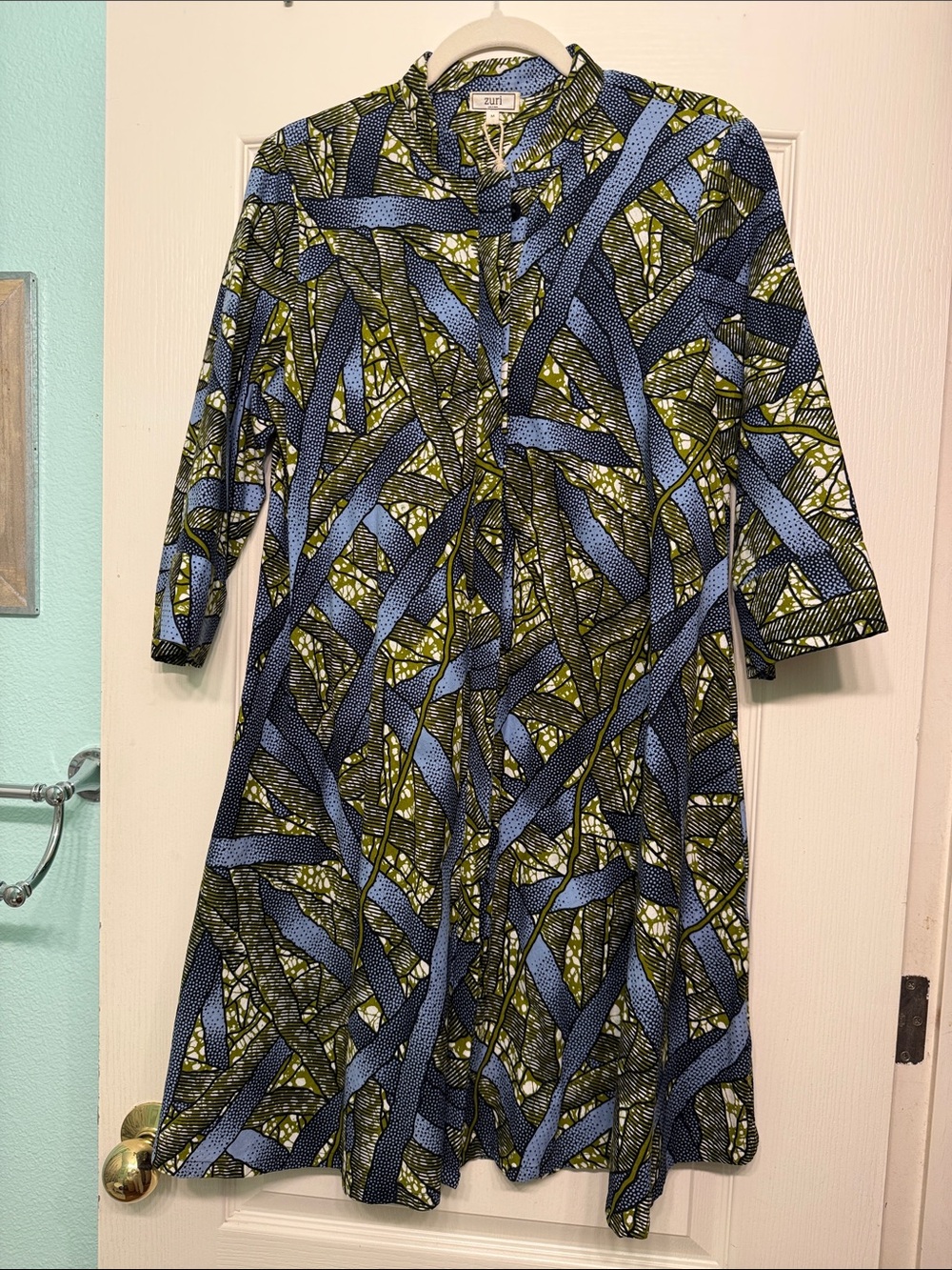 Zuri Cotton Printed A-Line Midi Dress in Olive & Light Blue